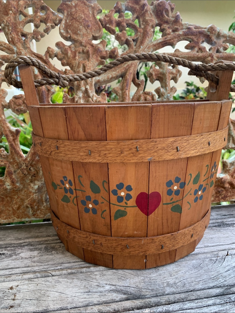 Vintage Flat Sided Wooden Hanging Basket with Red Heart and Floral Accents